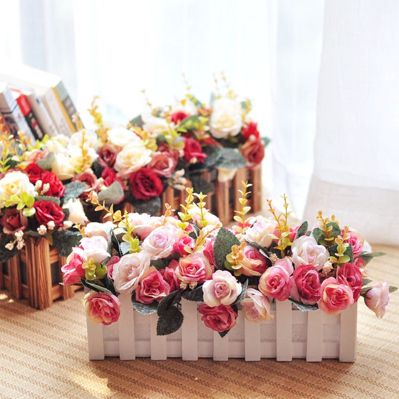 木栅栏长条玫瑰假花北欧式盆栽装饰花艺摆件窗台客厅绢花隔断装饰