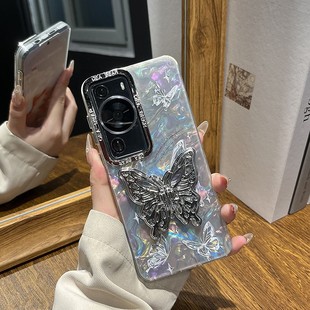 适用华为pura70pro+手机壳mate60pro+贝壳纹银色多只蝴蝶金属银蝴蝶支架mate60pro小清新50pro高级p60pro女款