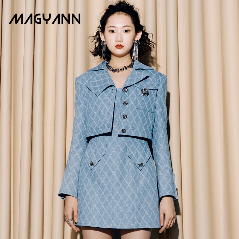 Magyann【远航】设计师款小众金属扣质感短款拼色不对称领外套女