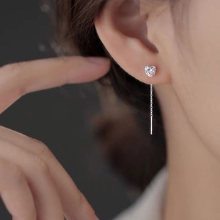 S999纯银耳钉女高级感锆石耳线流苏耳环2023年新款潮银耳饰养耳洞