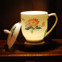 醴陵瓷器 手绘釉下五彩 毛瓷四季花卉杯 单杯带盖子皮盒包装陶瓷
