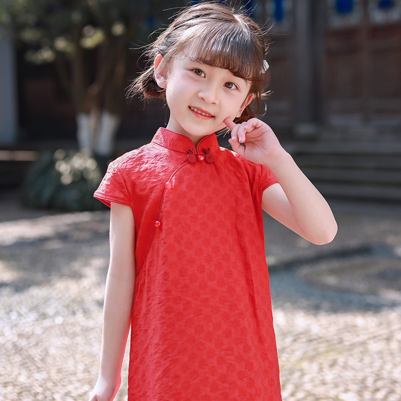 儿童旗袍夏季新款中式红色中国风连衣裙小女孩改良版纯色旗袍裙夏