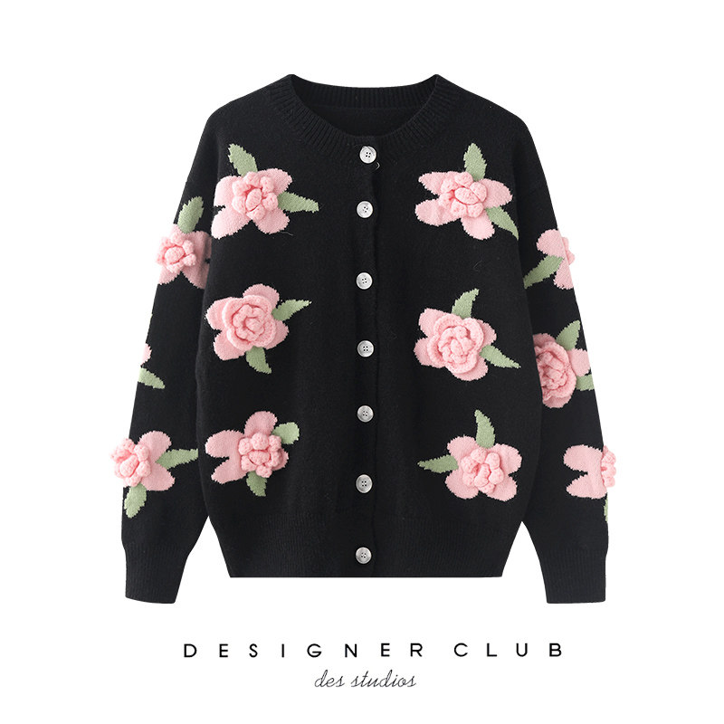 mmc 日系小清新针织开衫女粉色花朵刺绣黑开衫洋气外套宽松上衣