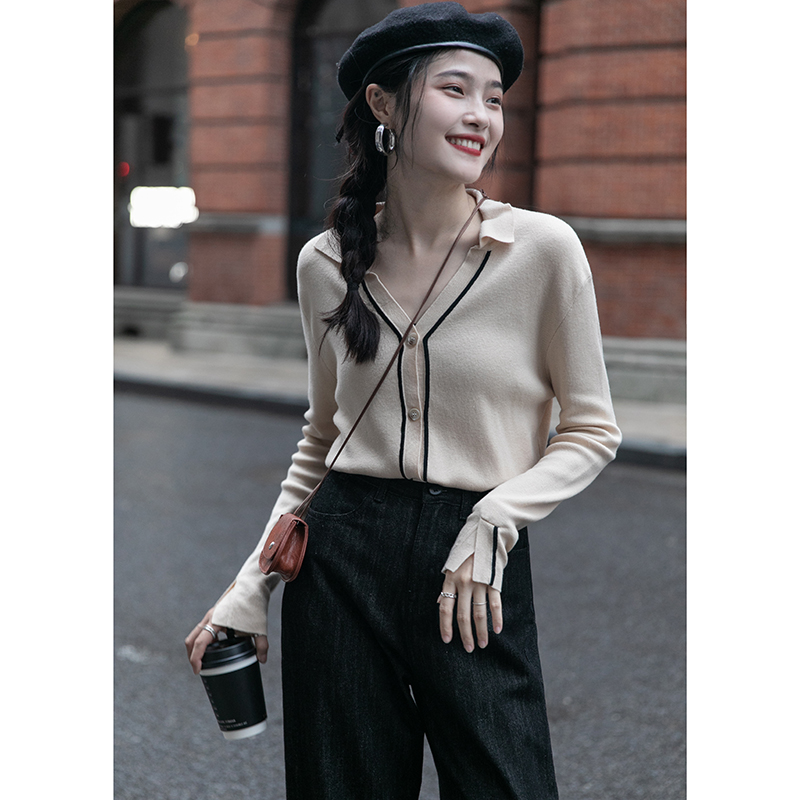 觅定针织衫上衣女早春款短外套法式设计感温柔薄款打底衫短款