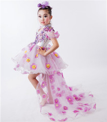 新款儿童礼服主持人长拖尾礼服女童羽毛T礼服演出服拖尾长裙紫色