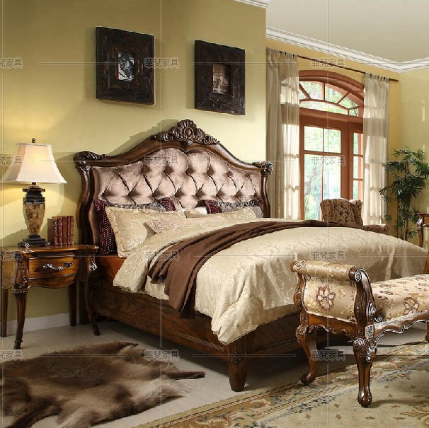 奥斯丁 美式双人床 欧式古典床 仿古漆做旧 布艺拉扣婚床 1.8米