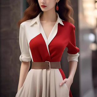 绝美红色衬衫连衣裙2024夏季新款女装高端精致正式场合法式长裙子