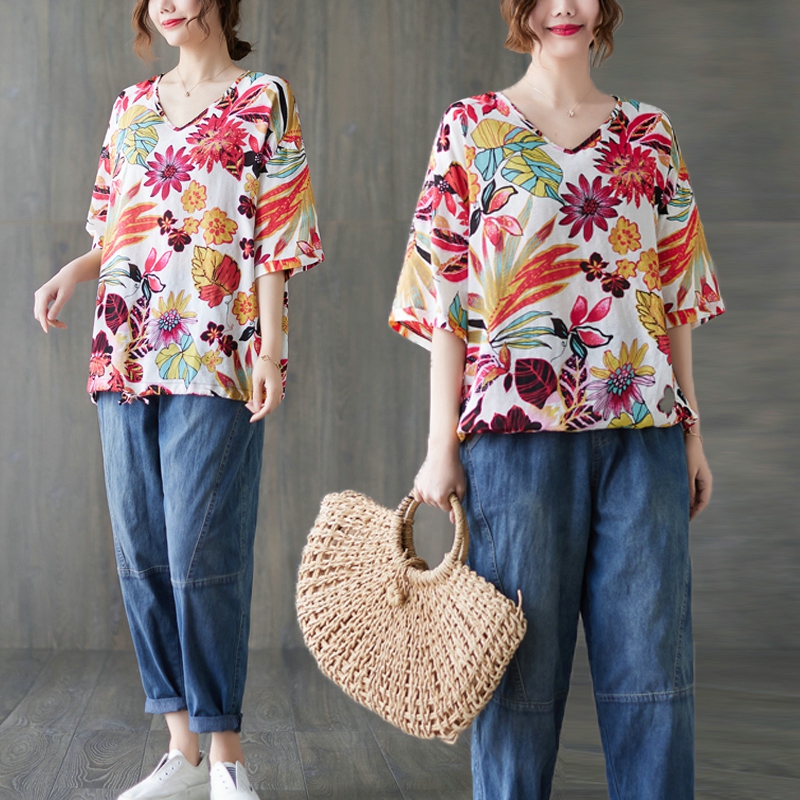 PF11957#胖MM棉麻印花V领大码T恤衫绑带宽松百搭上衣女裝貨源服裝批發