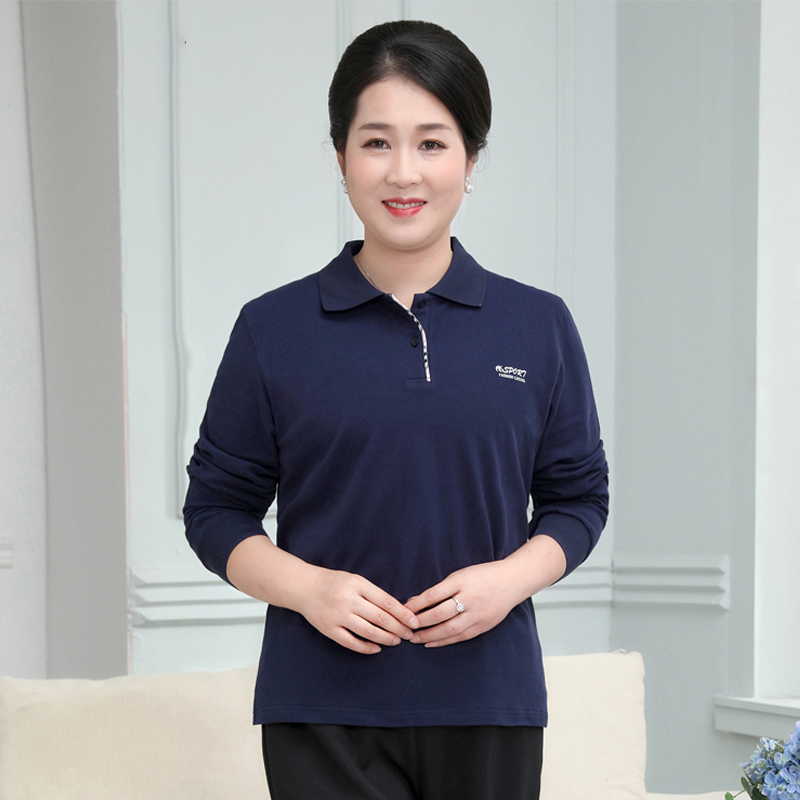 中老年女polo衫2020新款妈妈装长袖T恤春秋装纯棉t恤休闲运动衫