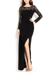 Elegant ~2015 counter simultaneous special super long slit dress with long sleeves lace elastic dress