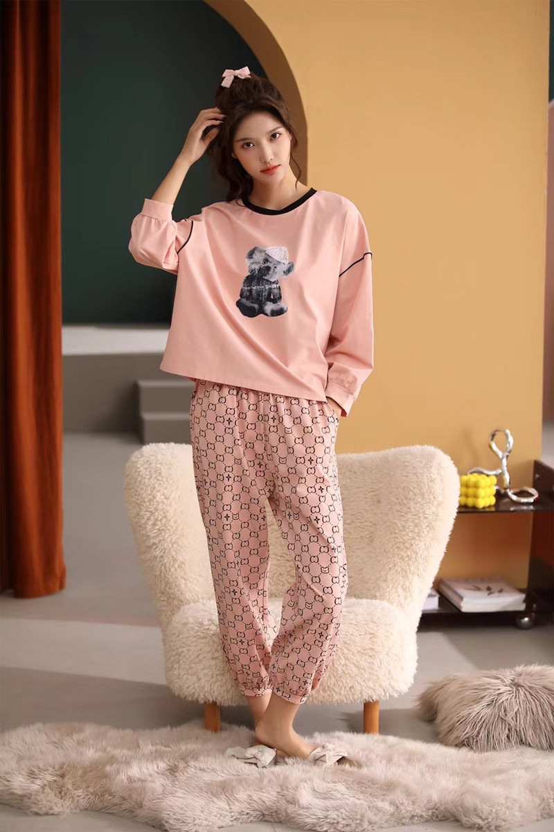 安得妮睡衣女2021秋季新款长袖纯棉休闲家居服潮流圆领可外穿套装