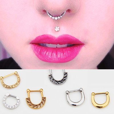 时尚钛钢无洞假有孔鼻中隔耳骨环女人体穿刺鼻钉鼻夹假鼻环男装酷