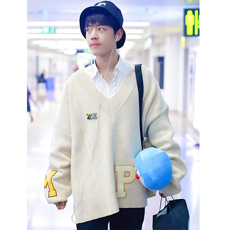 肖战同款毛衣女泡泡袖宽松慵懒风外穿小个子百搭v领套头秋冬外套