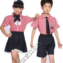 夏季新款幼儿园园服纯棉英伦风校服夏装小学生校服红格衬衫 短裙