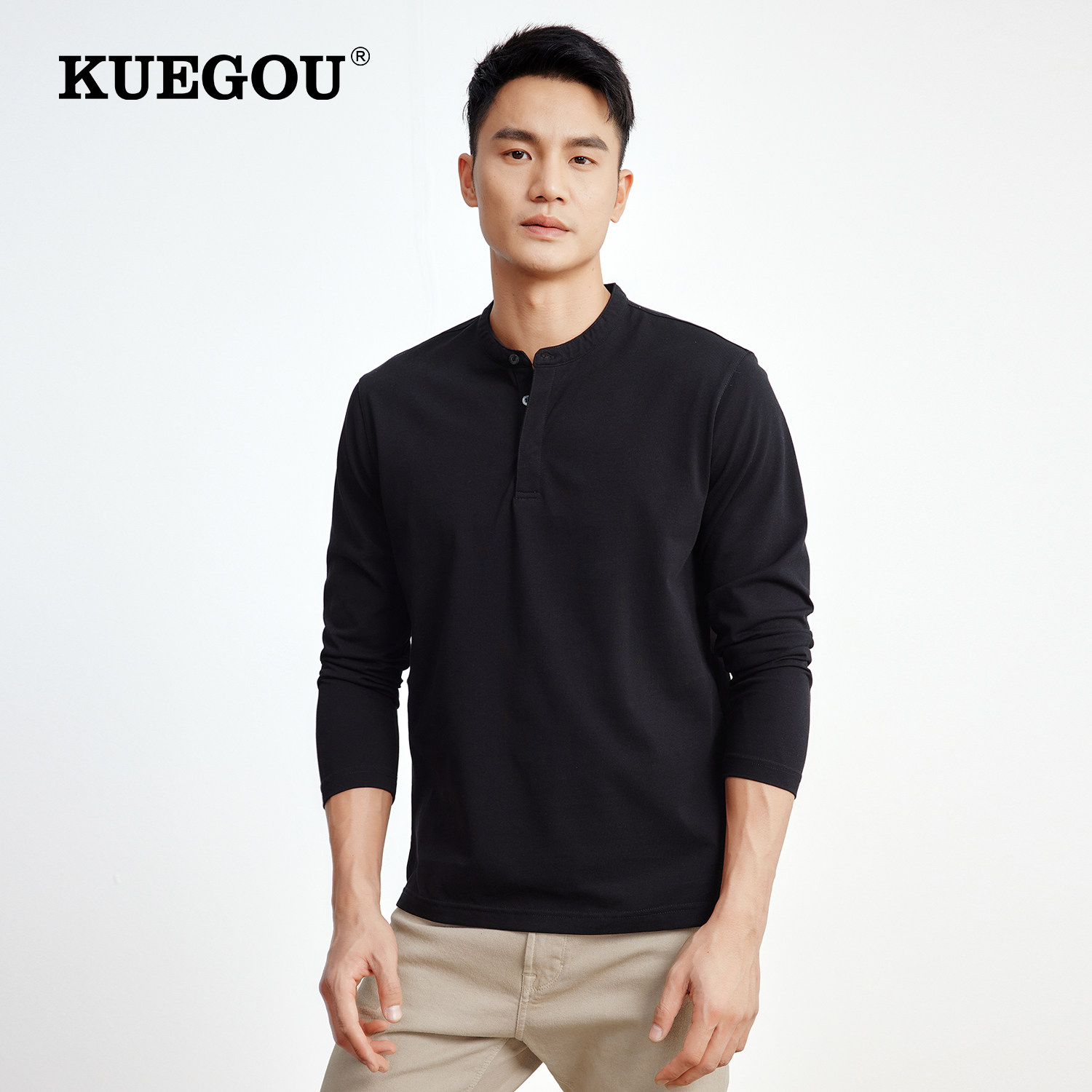 酷衣购 春季新品商务休闲长袖t恤 男士纯色百搭立领polo衫 60077
