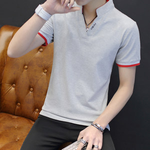 夏季小清新微领领短袖t恤男士镜面纯色棉短衫有带领子polo衫t血土