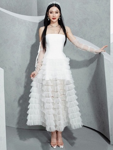女神范白色吊带连衣裙越南设计师小众气质蛋糕裙大摆网纱抹胸长裙
