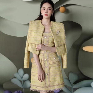 小香风柠檬黄套装裙女越南设计师春秋新款吊带连衣裙气质短款外套