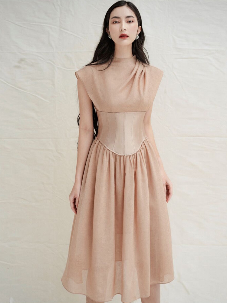 2021夏新款设计师亚麻料小众腰封小礼服黑色高腰无袖气质连衣裙女