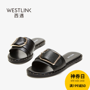 lv配皮遇水留痕跡 WESTLINK西遇2020夏季新款鉚釘皮帶方扣休閑平底一字拖鞋女涼拖鞋 lv配皮浮水印