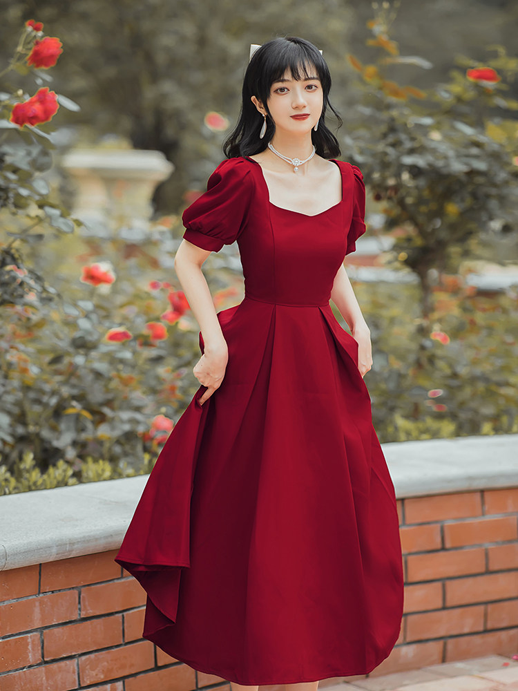 夏季女装法式复古小众酒红色气质方领礼服连衣裙在逃公主生日长裙