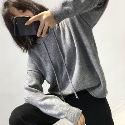 秋冬款连帽套头毛衣下摆开叉针织上衣女加厚显瘦长袖帽