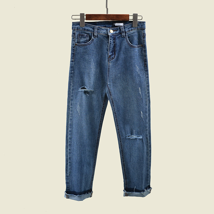 韩版水洗做旧工艺破洞乞丐裤夏季卷边九分休闲牛仔裤女