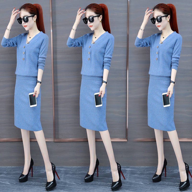 热销针织套裙两件套秋韩版 中长款_针织连衣裙套装女2019秋装新款韩版