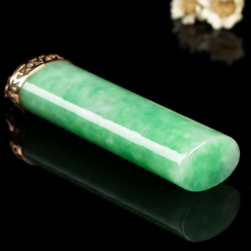 18k金镶嵌缅甸天然a货翡翠冰糯圆柱形吊坠 25.94g