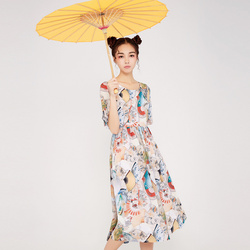 茉希2018夏新款民族风复古垂坠棉绸印花圆领