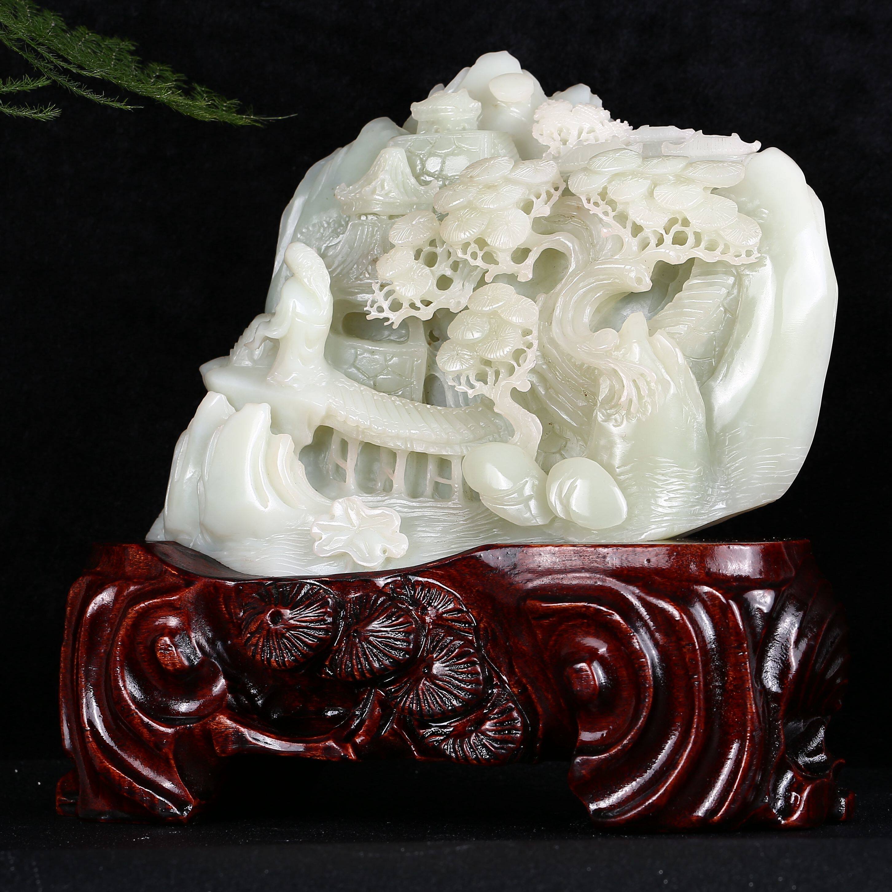 【松径远行】和田玉白玉 山水人物 摆件2143g(送底座)