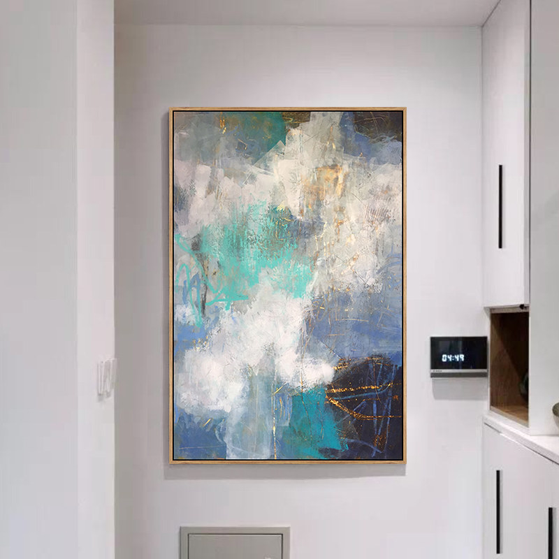 现代简约抽象画玄关装饰画竖版挂画蓝色壁画过道艺术画手绘油画——睿