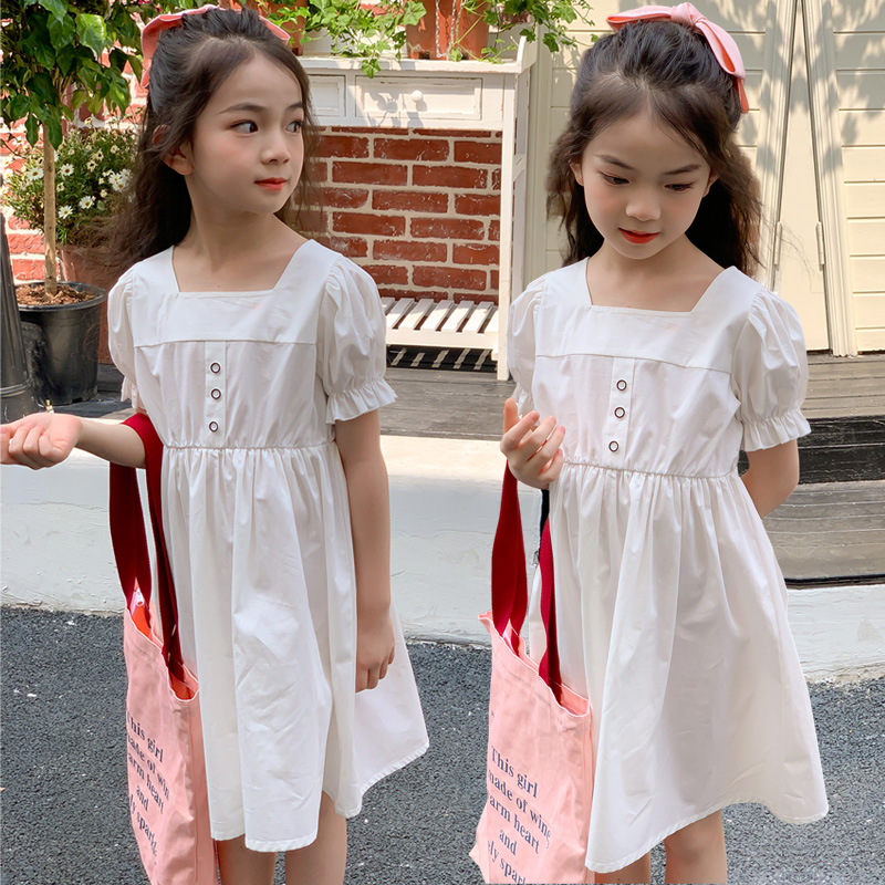 夏季女童白色纯棉短袖连衣裙 童装新品短袖方领淑女裙子 中大儿童