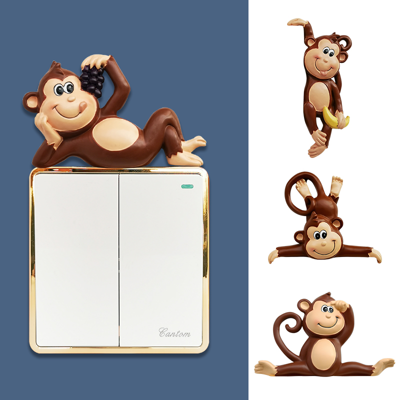 卡通猴子开关贴动物插座装饰贴室内墙贴形象创意树脂3d立体插座贴