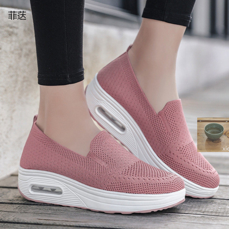 鑫蓝商贸菲荙气垫摇摇女鞋菲达一脚蹬缓震飞织运动鞋厚底妈妈鞋子