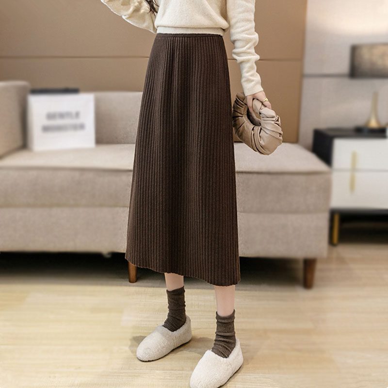 半身秋冬裙高腰保暖包臀裙中长款大摆a字裙毛线坑条针织半身裙女