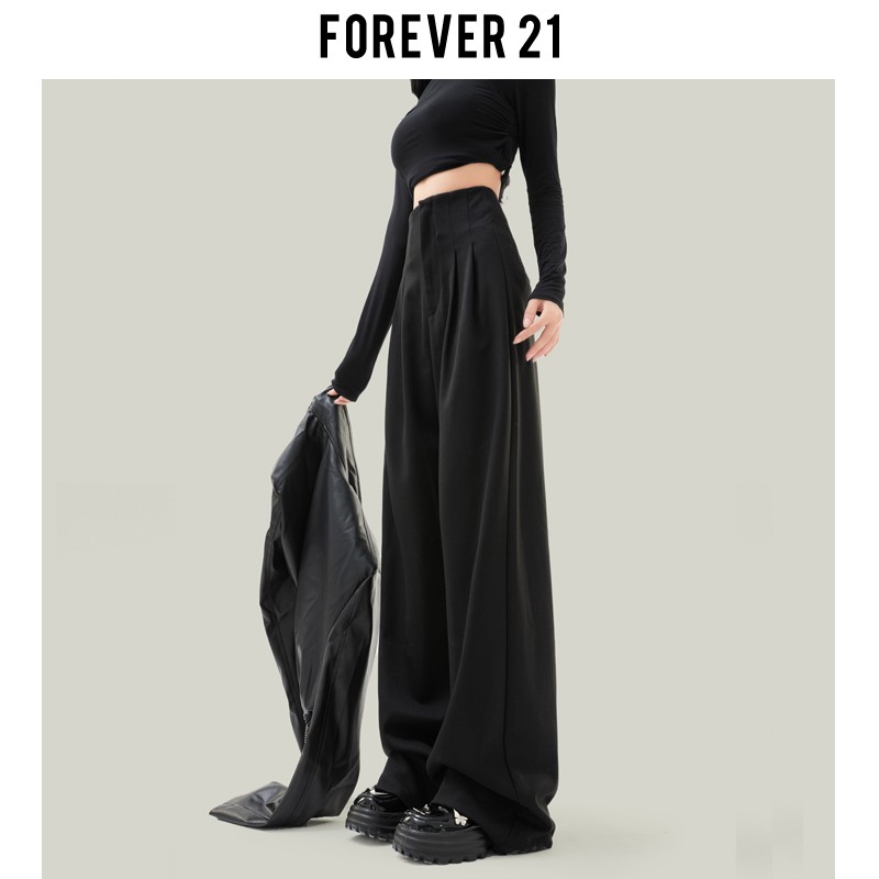 Forever 21易打理黑色西裤女装新款高腰垂感宽松拖地阔腿休闲裤子