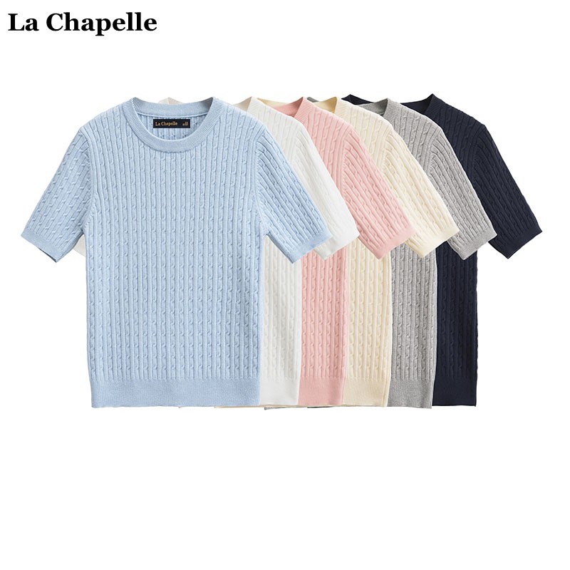 拉夏贝尔/La Chapelle夏季气质麻花修身短袖针织衫女纯色半袖上衣