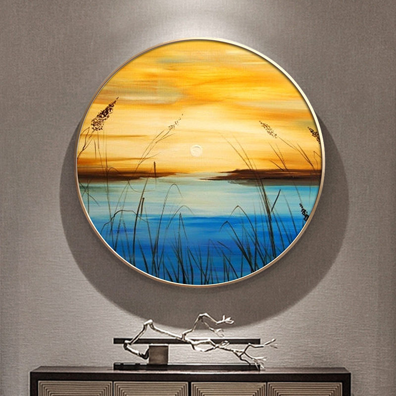 朝阳升起日出圆形画手绘意境海景油画客厅玄关卧室床头楼道装饰画