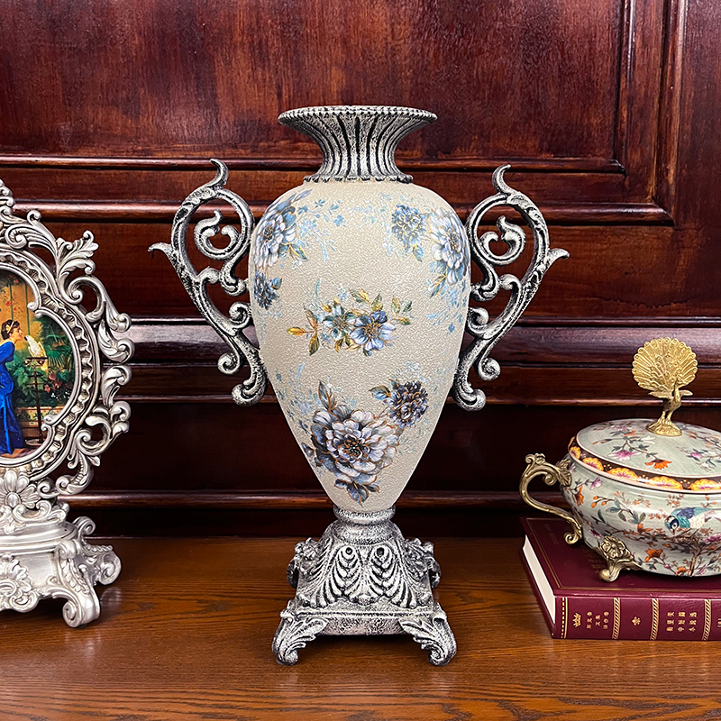 美式仿古银色花瓶复古欧式插花法式别墅餐厅玄关桌面软装饰品摆件