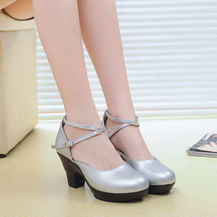 现代舞鞋真皮粗跟女士三步踩舞鞋高跟水兵女鞋交谊舞广场舞蹈鞋子