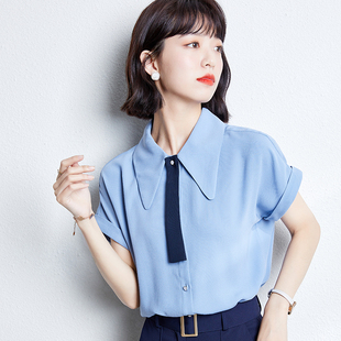 0329-蓝色雪纺衫女夏季短袖2022新款领带设计感小众衬衣上衣