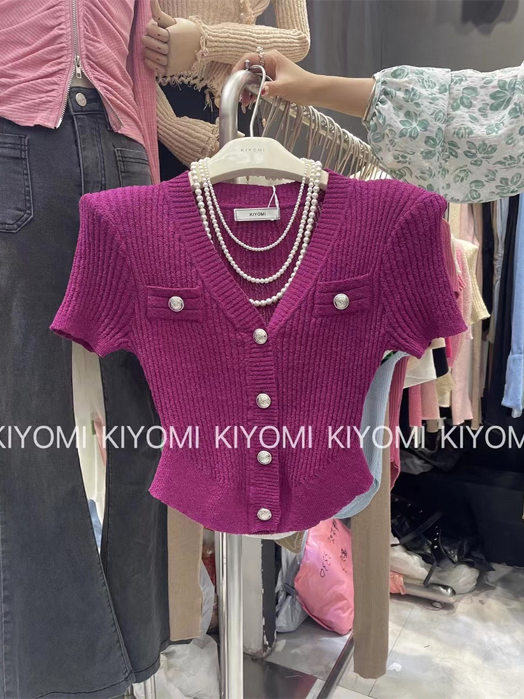 KIYOMI2023夏季新款韩版小香风V领金属扣修身显瘦短袖针织开衫女