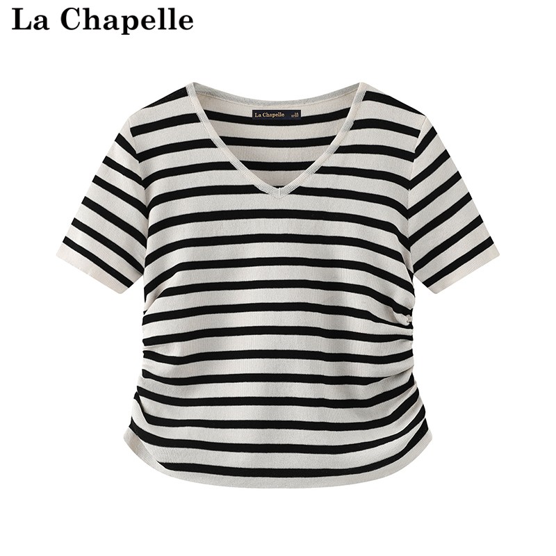 拉夏贝尔/La Chapelle夏新款条纹纯色简约T恤V领正肩褶皱修身短袖