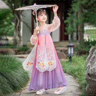 中式女童汉服长袖公主裙2024夏款儿童古装粉色超仙连衣裙襦裙唐装