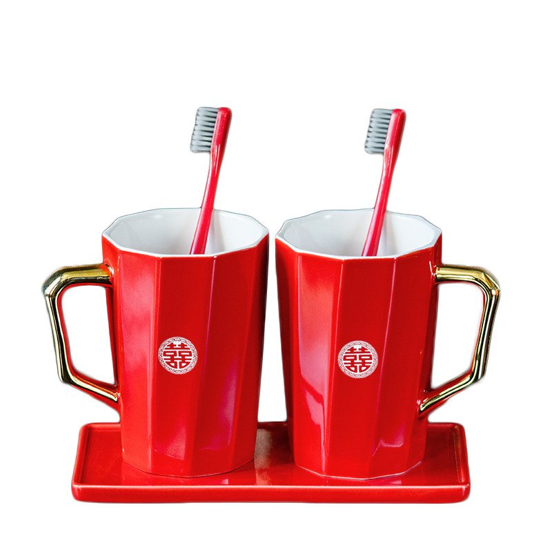 结婚刷牙杯陶瓷漱口杯牙缸卫浴大红色礼盒套装陪嫁妆洗漱杯子一对