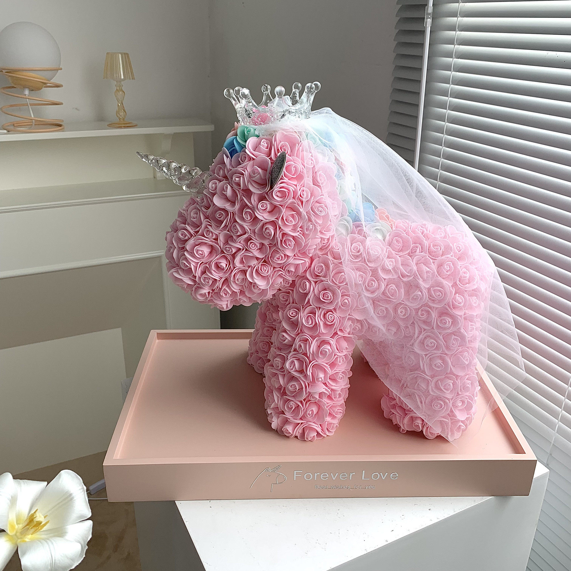 新品pe玫瑰花永生花独角兽皇冠头纱礼盒情人节生日送女友七夕礼物