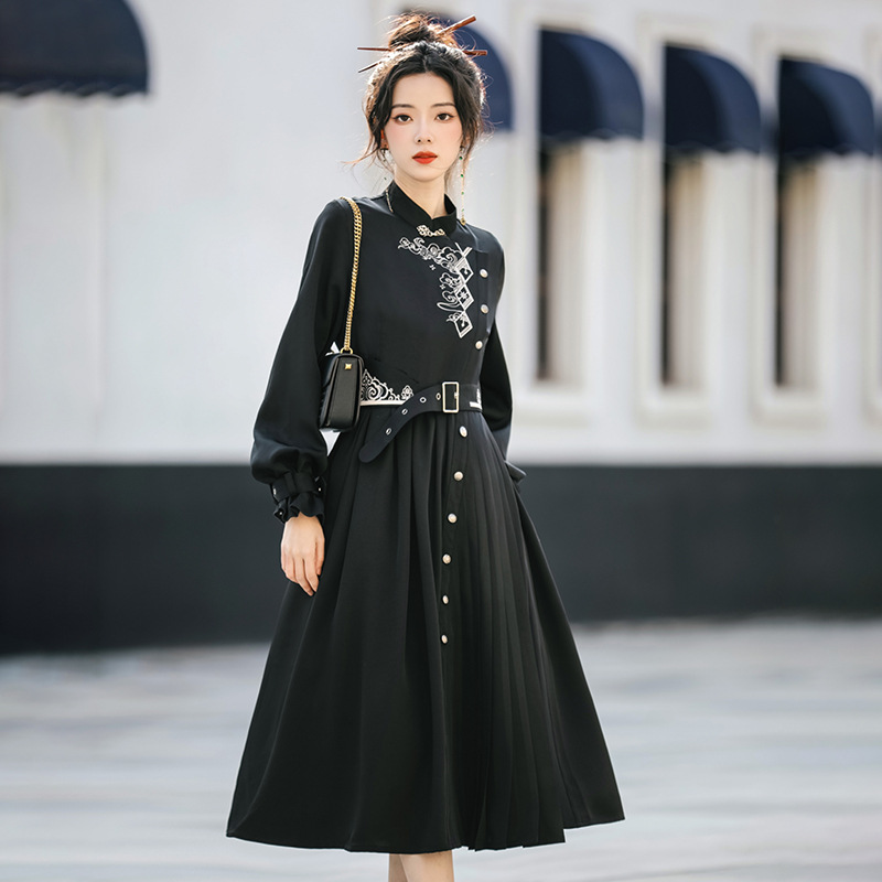 YONA原创设计新款玄虚中国风汉元素连衣裙日常秋冬超酷暗黑系长裙