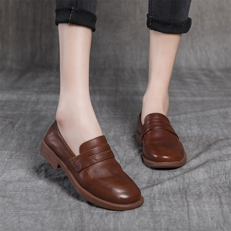 真皮乐福鞋女春秋季款简约单鞋软皮英伦风中跟小皮鞋全皮软底女鞋