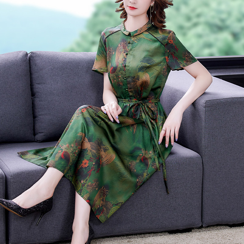 香云纱真丝桑蚕丝贵夫人妈妈连衣裙女夏季2021新款高端年轻款裙子